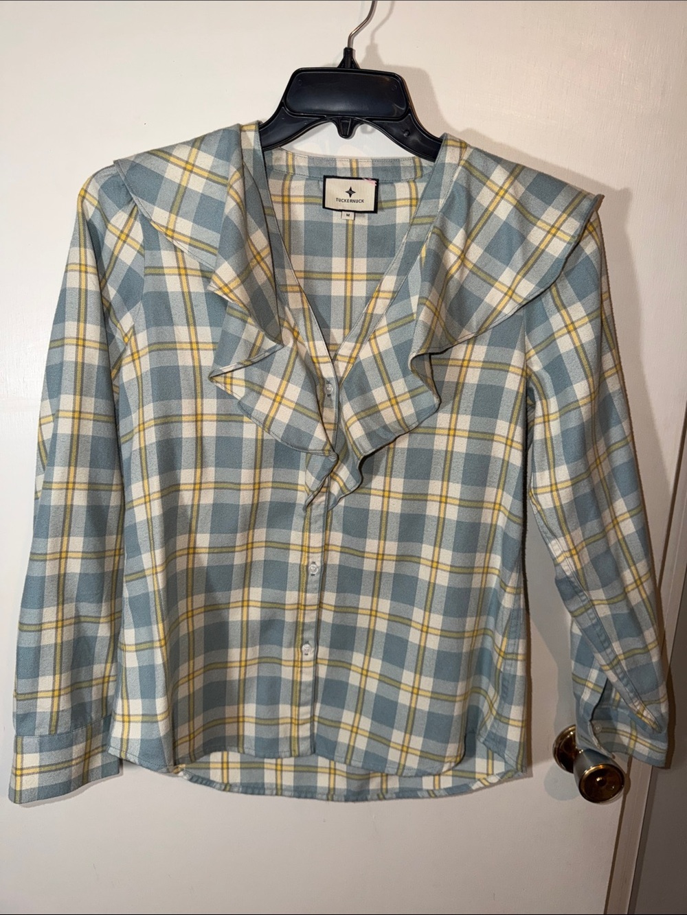 TuckerNUCK Blue Plaid V Neck Ruffle Eileen Button Down- Medium - Picture 2 of 4